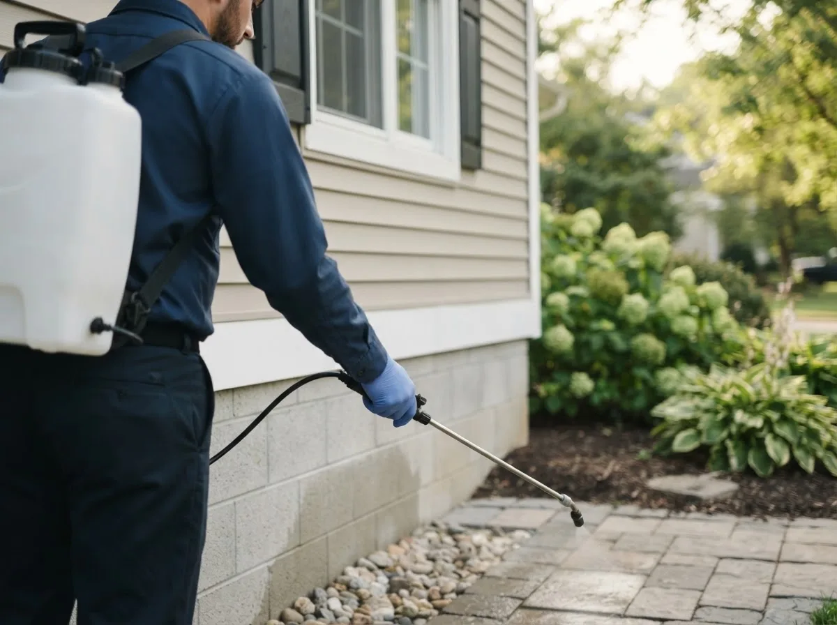 Pest control technician inspecting a home in Centerville, NY